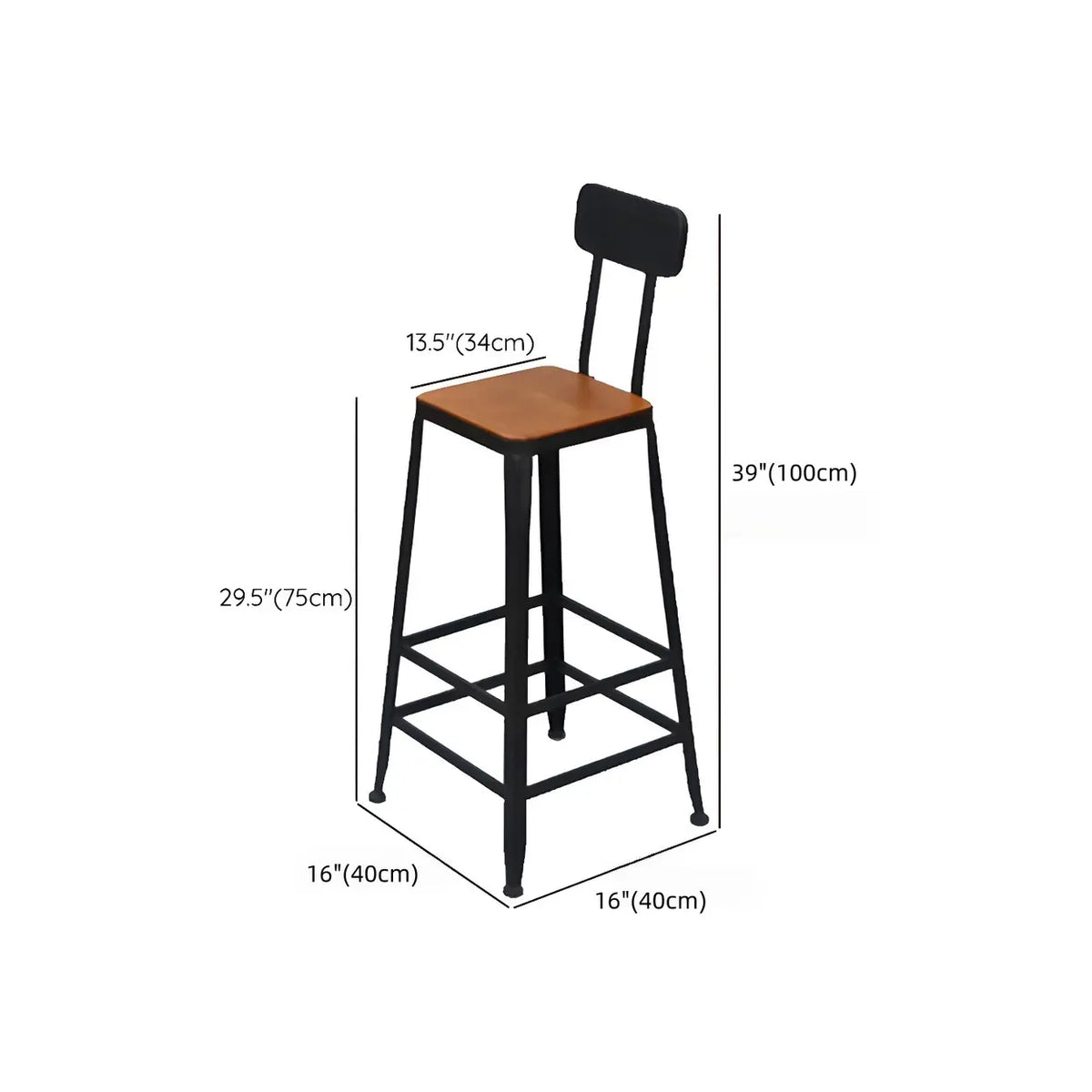 Industrial Metal Frame Wood Square Bar Stool with Backrest Image - 25