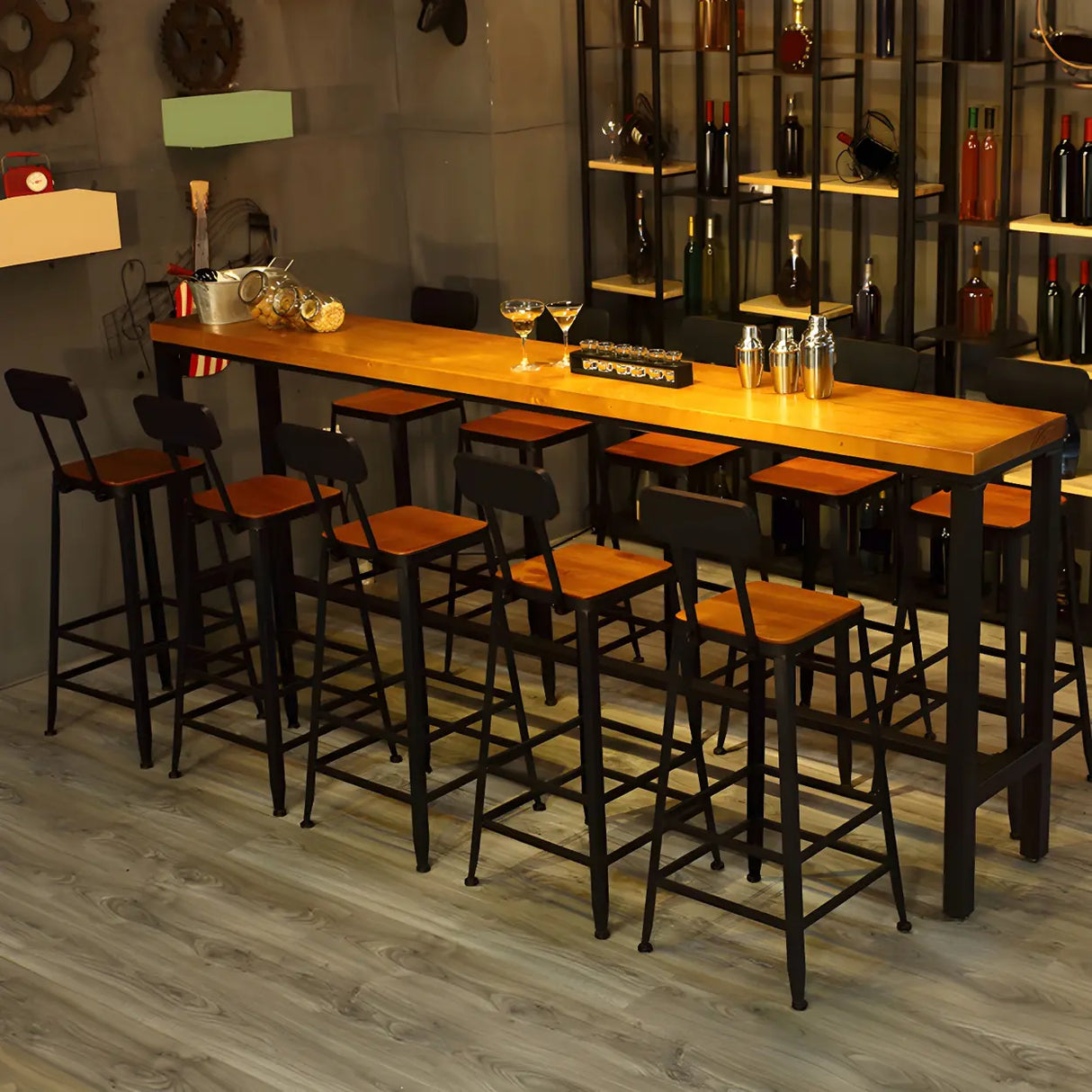 Industrial Metal Frame Wood Square Bar Stool with Backrest Image - 3