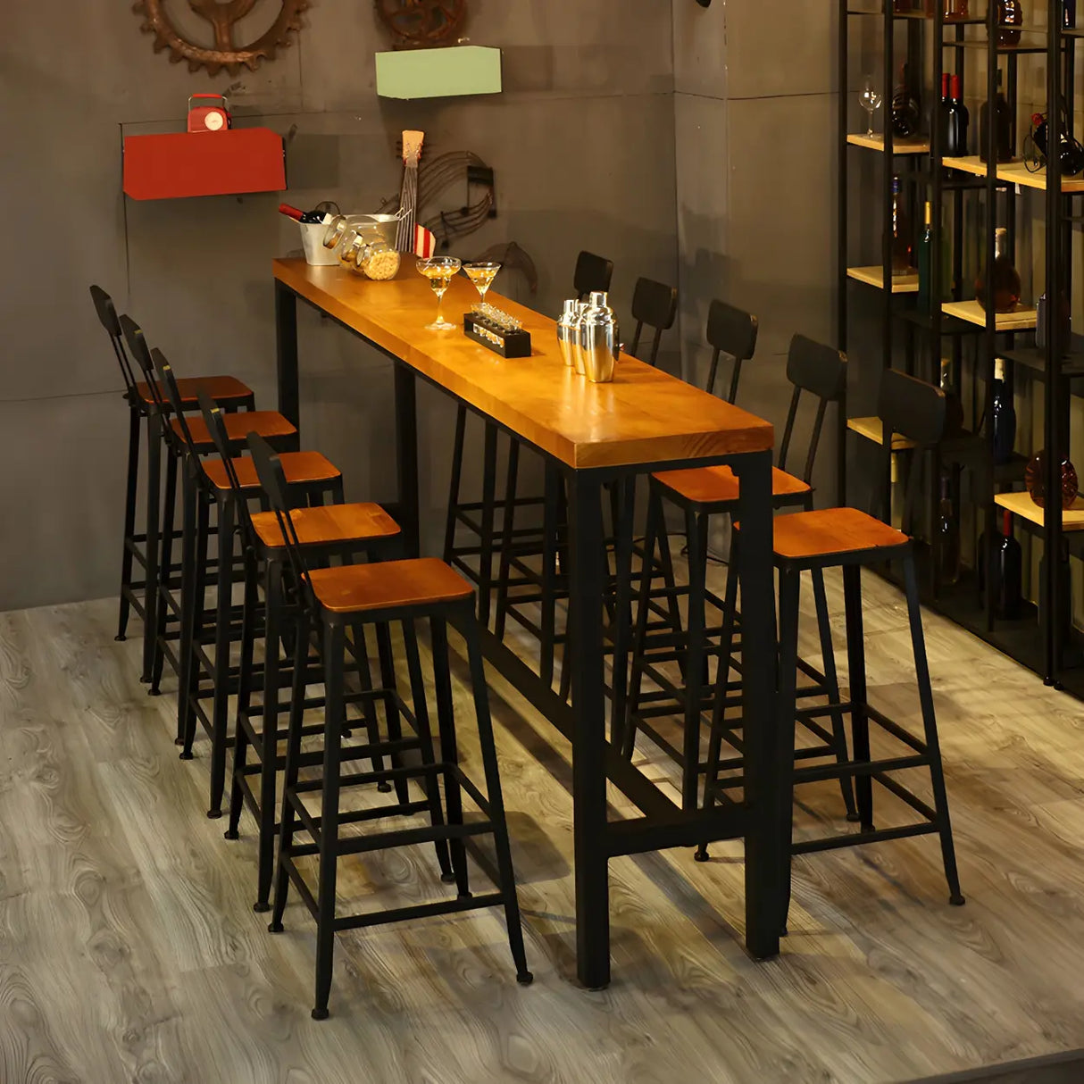Industrial Metal Frame Wood Square Bar Stool with Backrest Image - 4