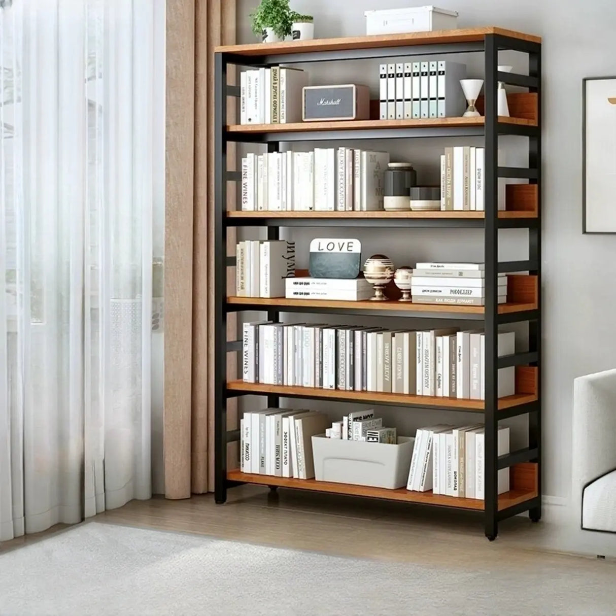 Industrial Oak Metal Large Open Back Storage Bookcase Image - 10