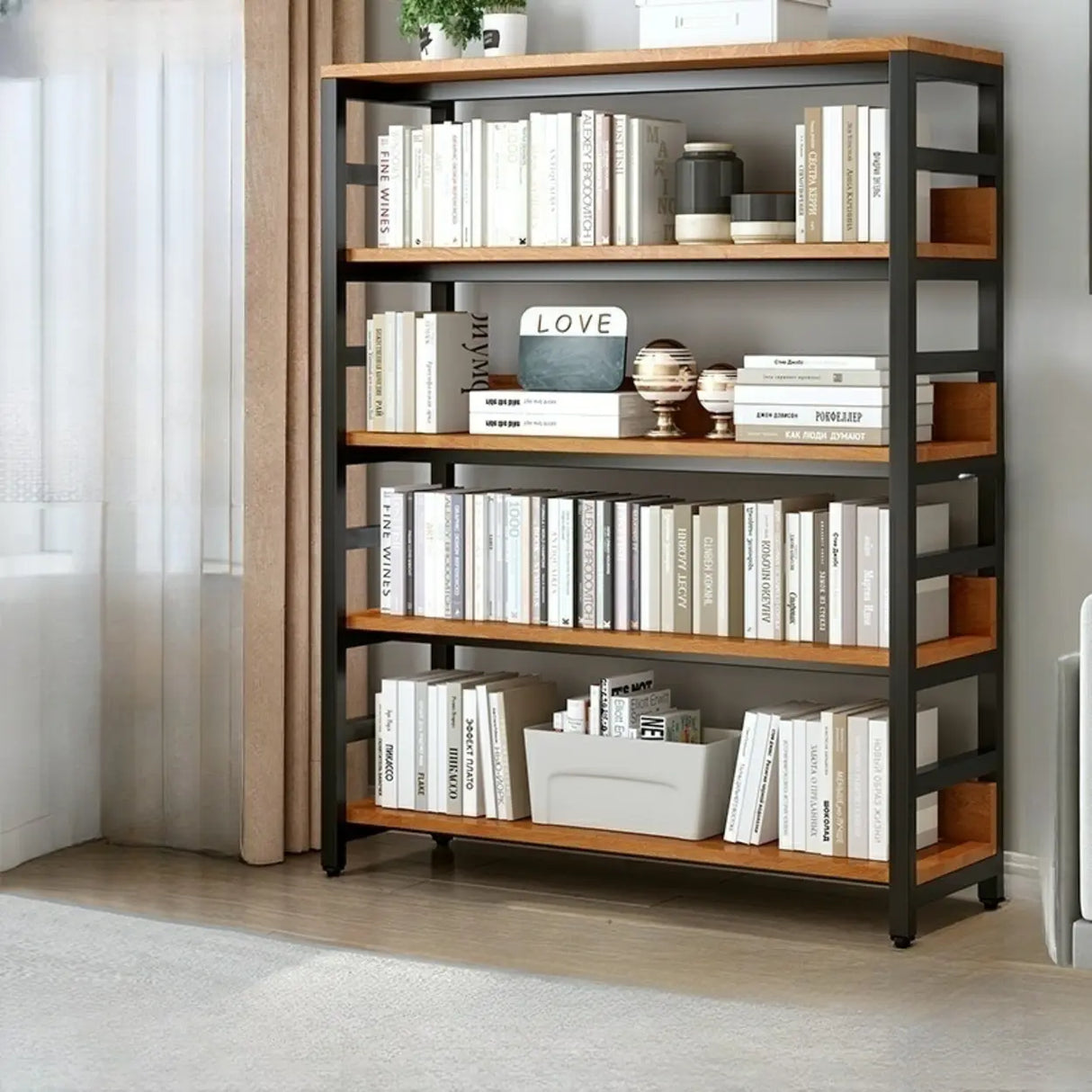 Industrial Oak Metal Large Open Back Storage Bookcase Image - 12