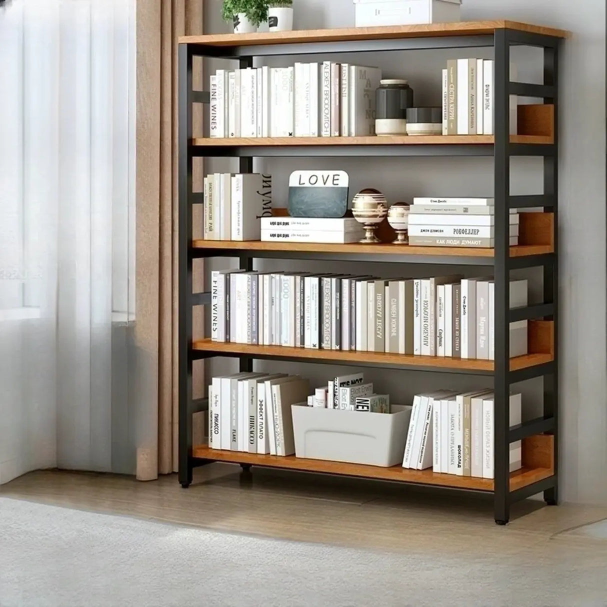 Industrial Oak Metal Large Open Back Storage Bookcase Image - 23