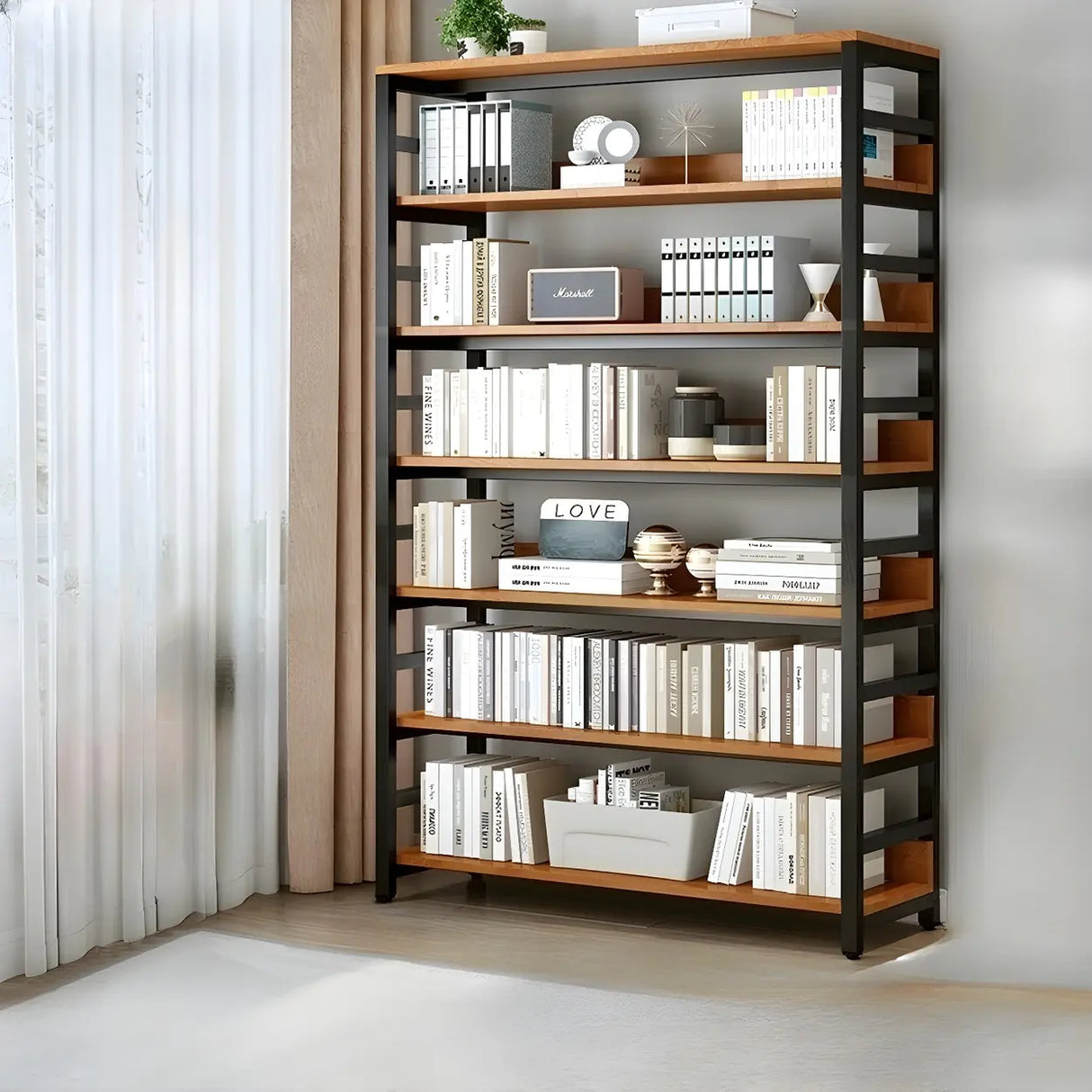 Industrial Oak Metal Large Open Back Storage Bookcase Image - 24