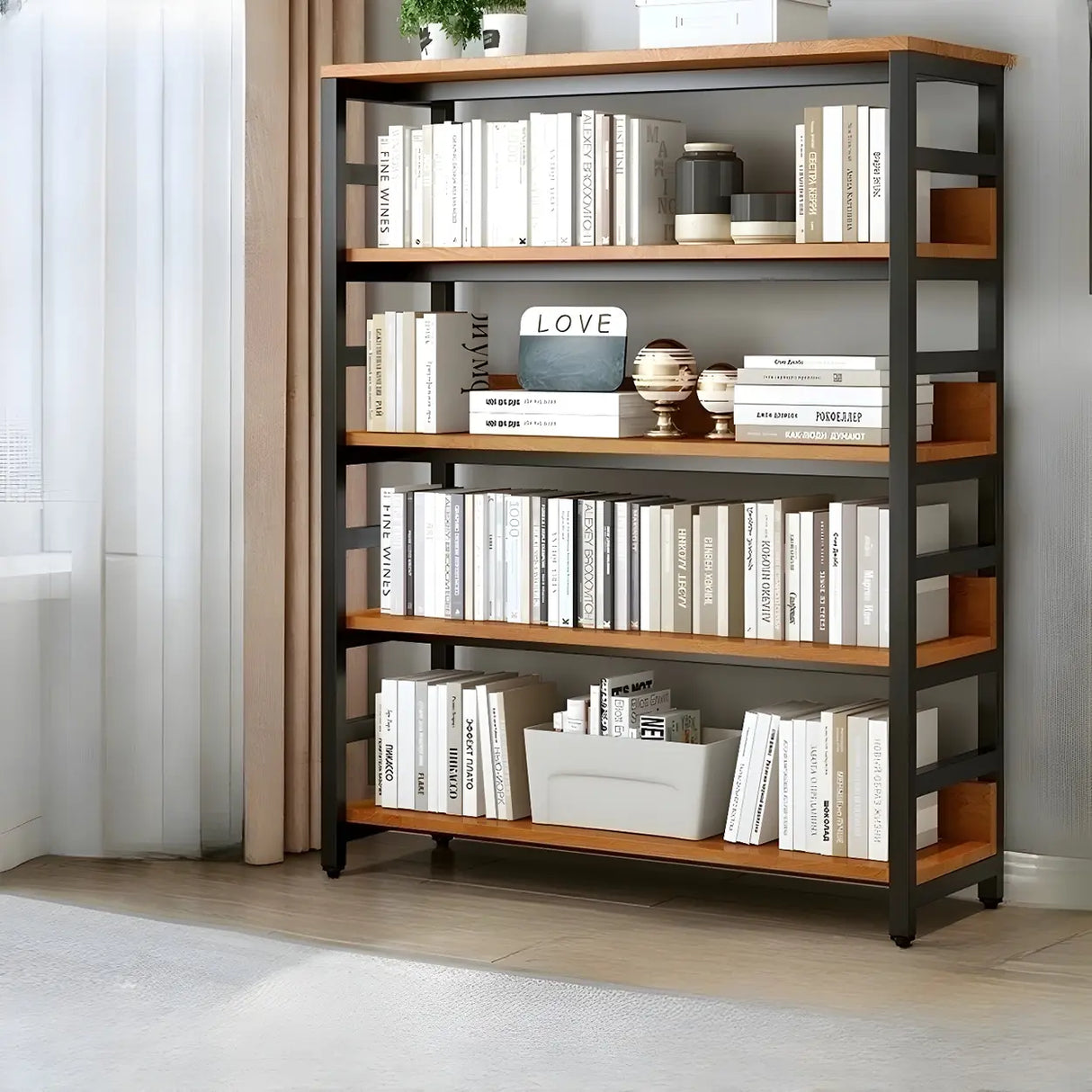 Industrial Oak Metal Large Open Back Storage Bookcase Image - 25