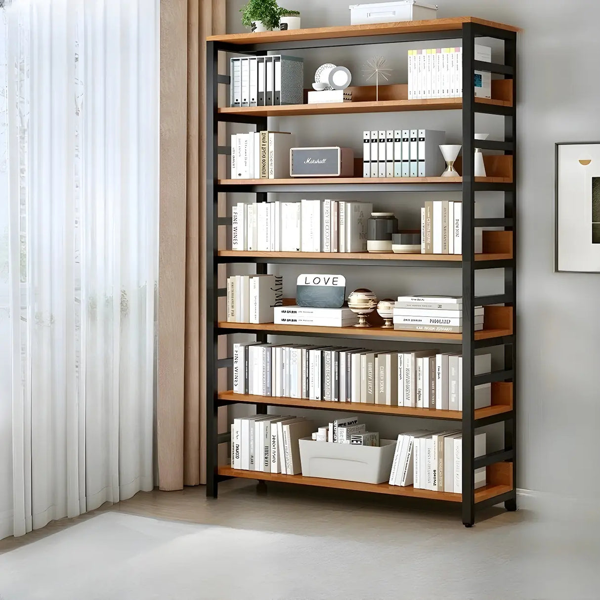 Industrial Oak Metal Large Open Back Storage Bookcase Image - 26