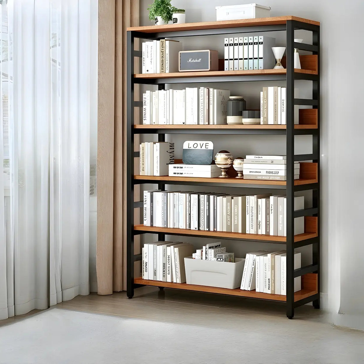 Industrial Oak Metal Large Open Back Storage Bookcase Image - 32