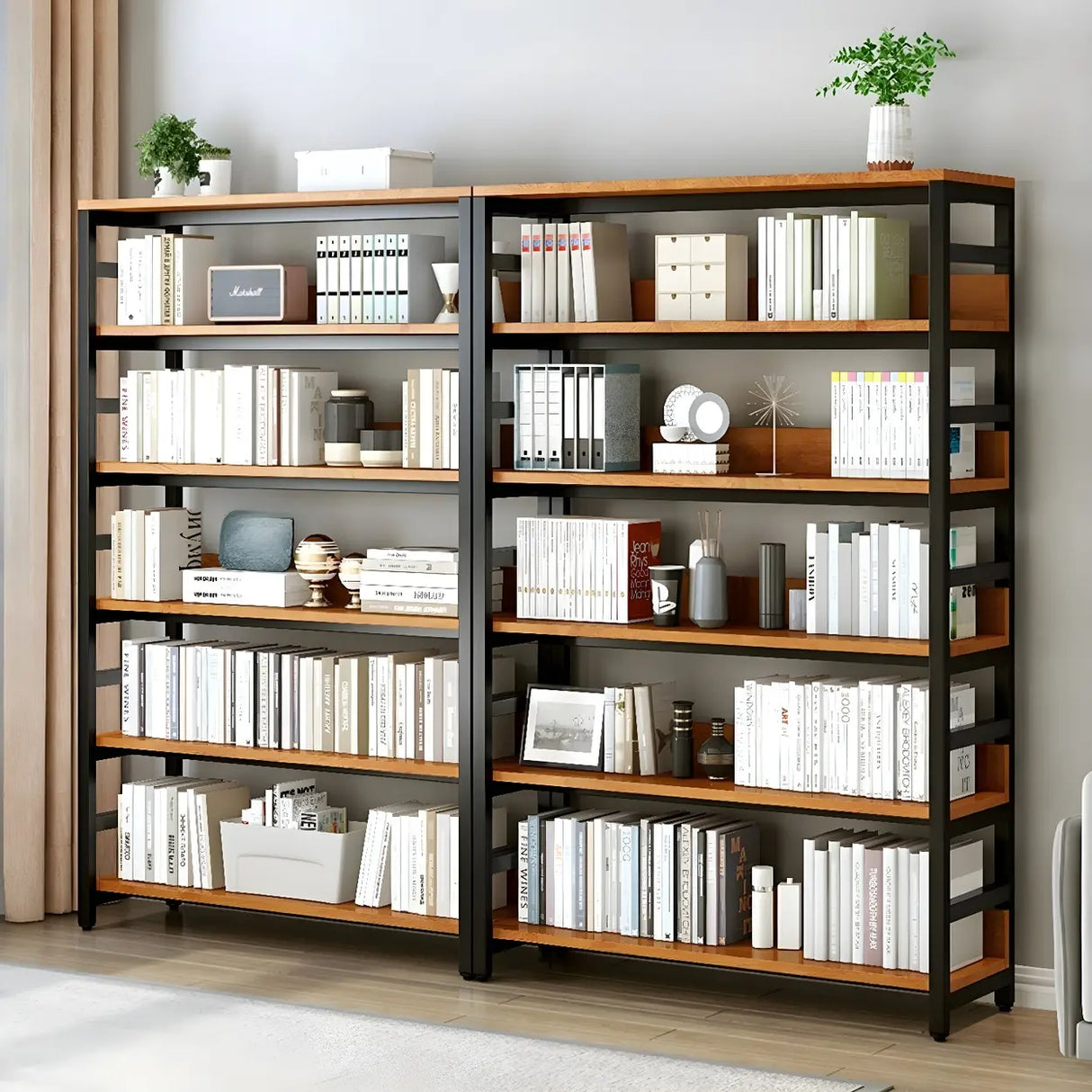 Industrial Oak Metal Large Open Back Storage Bookcase Image - 4