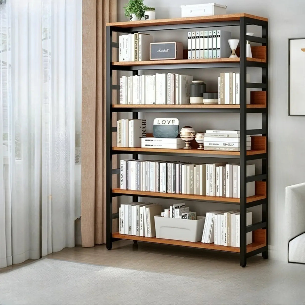 Industrial Oak Metal Large Open Back Storage Bookcase Image - 6