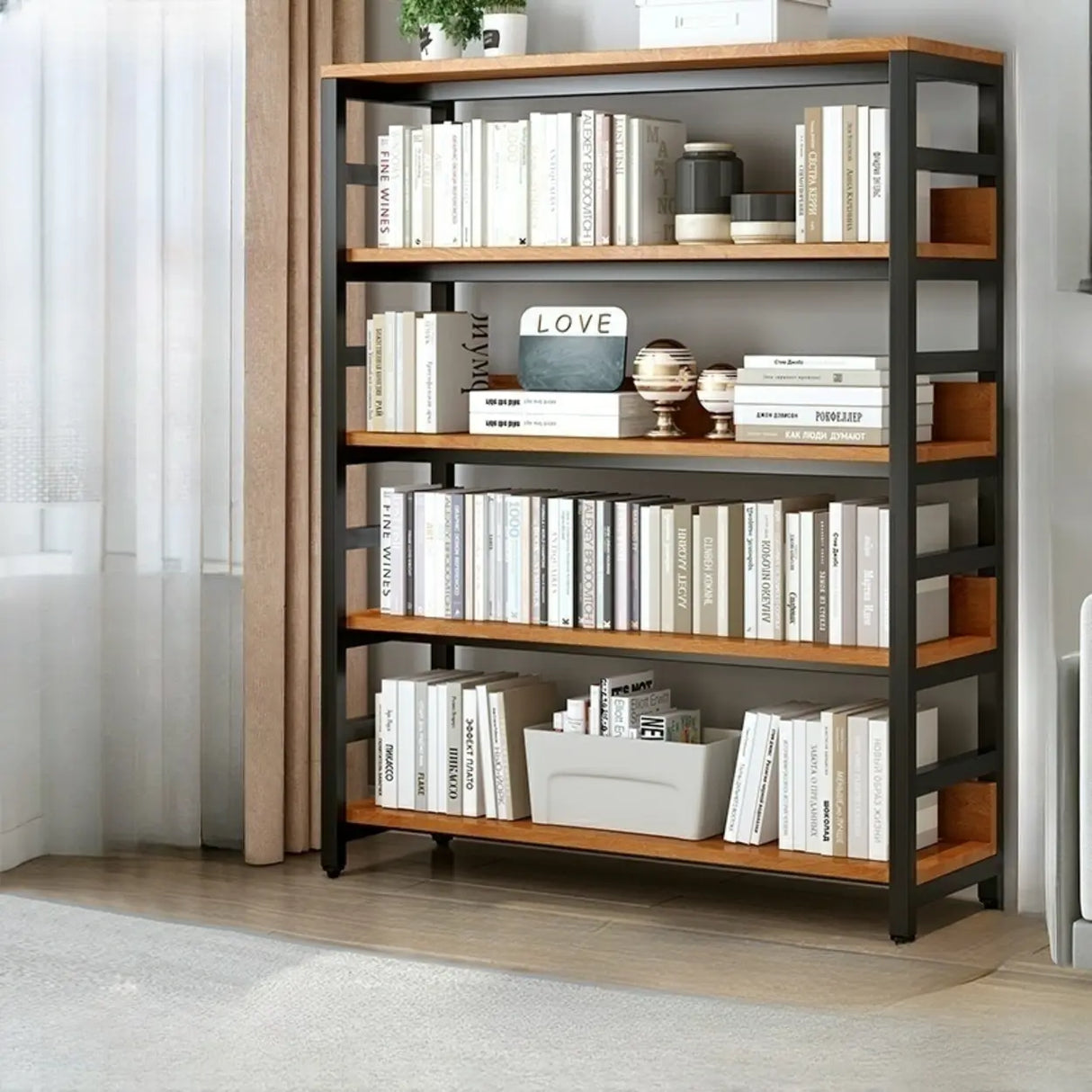 Industrial Oak Metal Large Open Back Storage Bookcase Image - 7