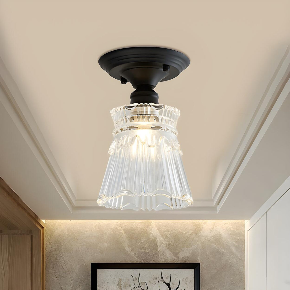 Industrial Mini Cone Wavy Glass Semi-Flush Mount Light Image - 9