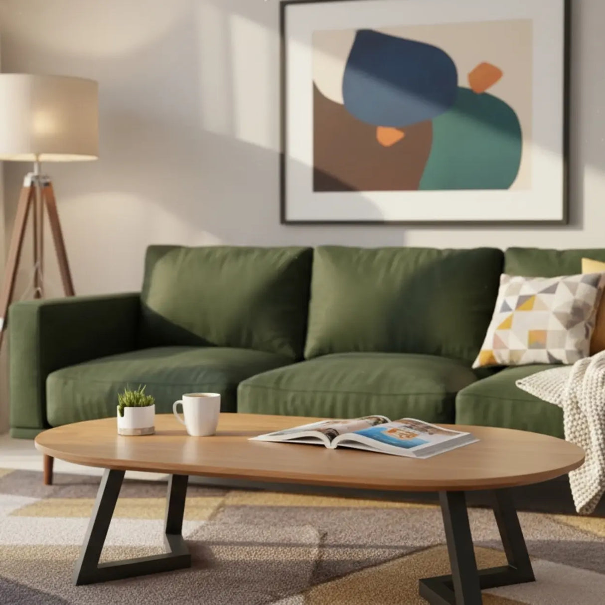 Industrial Modern Oval Wood Coffee Table with Metal Legs Image - 1