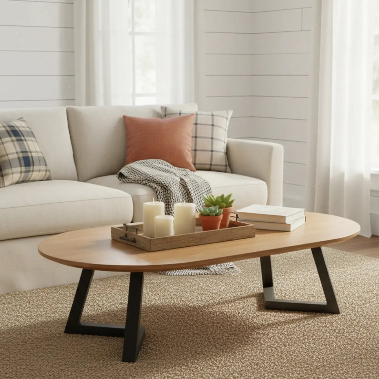 Industrial Modern Oval Wood Coffee Table with Metal Legs Image - 2