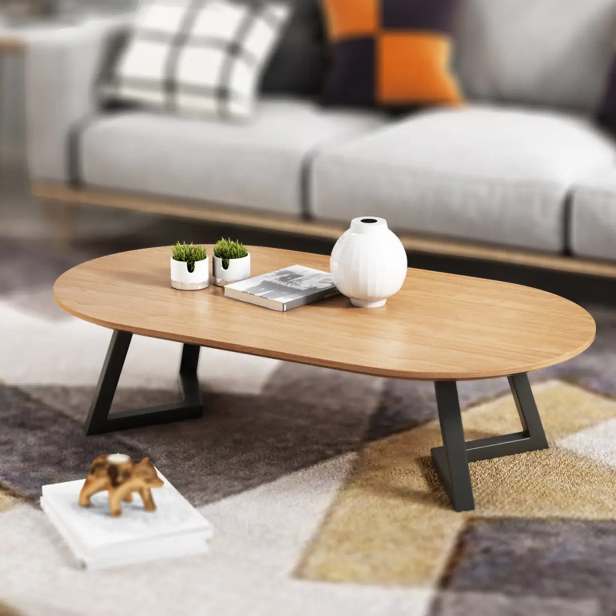 Industrial Modern Oval Wood Coffee Table with Metal Legs Image - 4