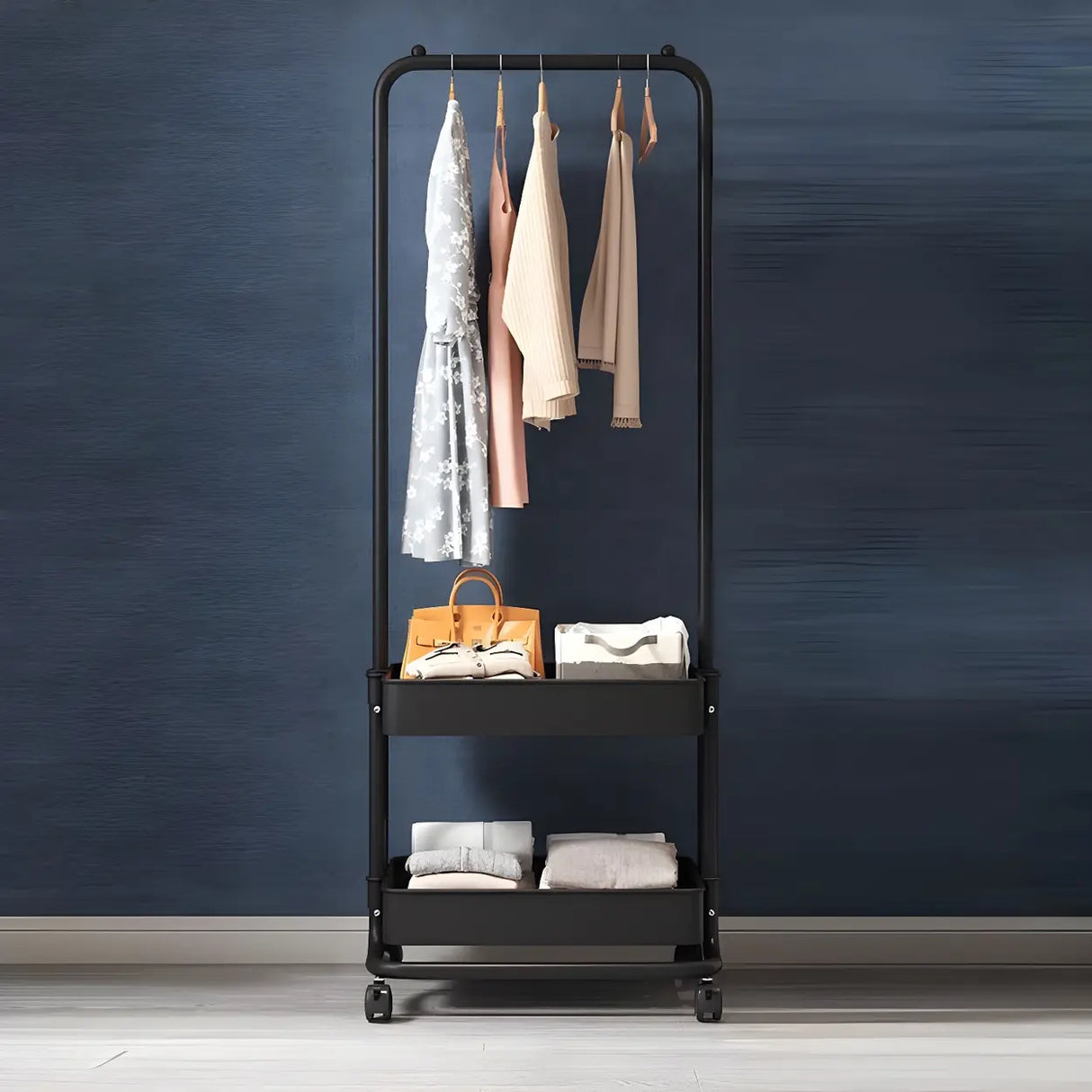 Industrial Narrow Metal Rolling Coat Rack with Shelves Image - 10