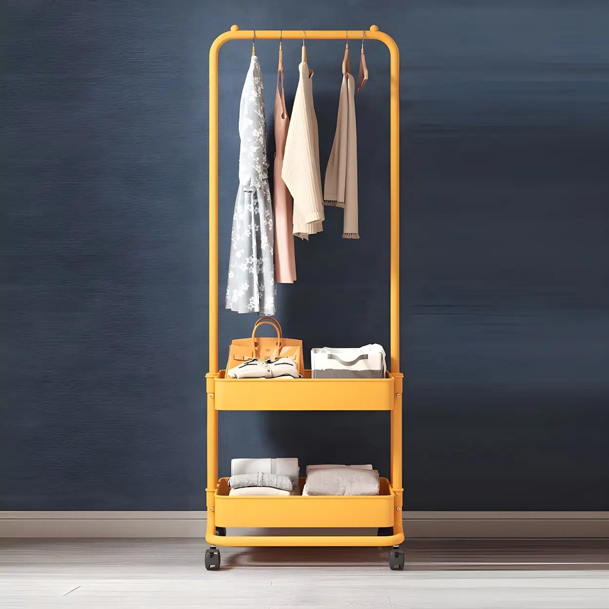 Industrial Narrow Metal Rolling Coat Rack with Shelves Image - 11