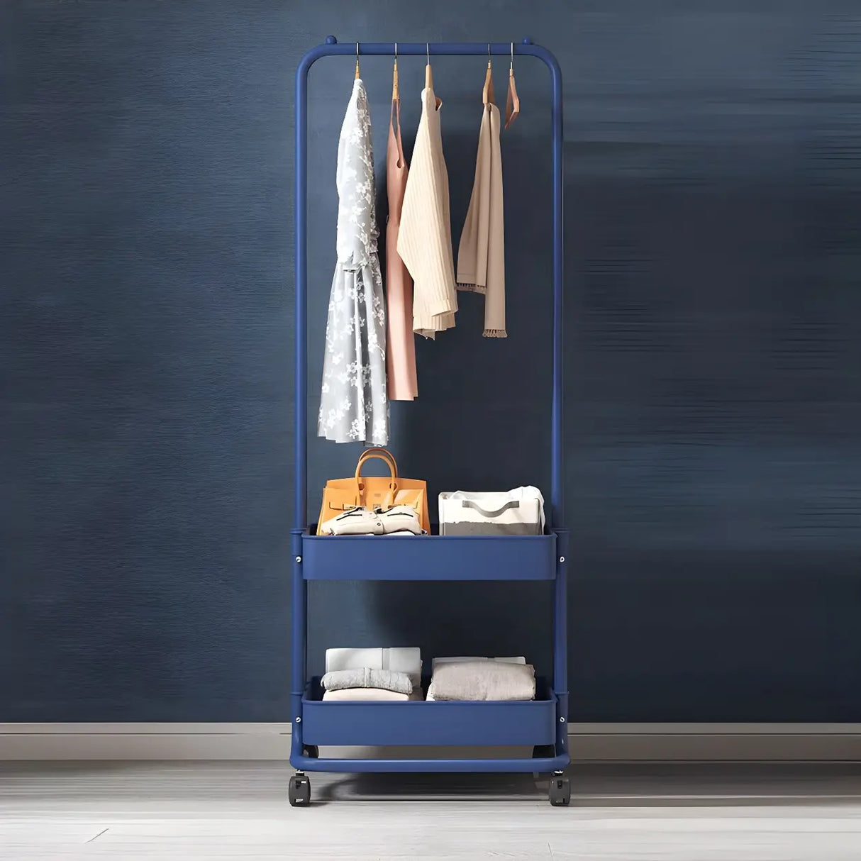 Industrial Narrow Metal Rolling Coat Rack with Shelves Image - 13