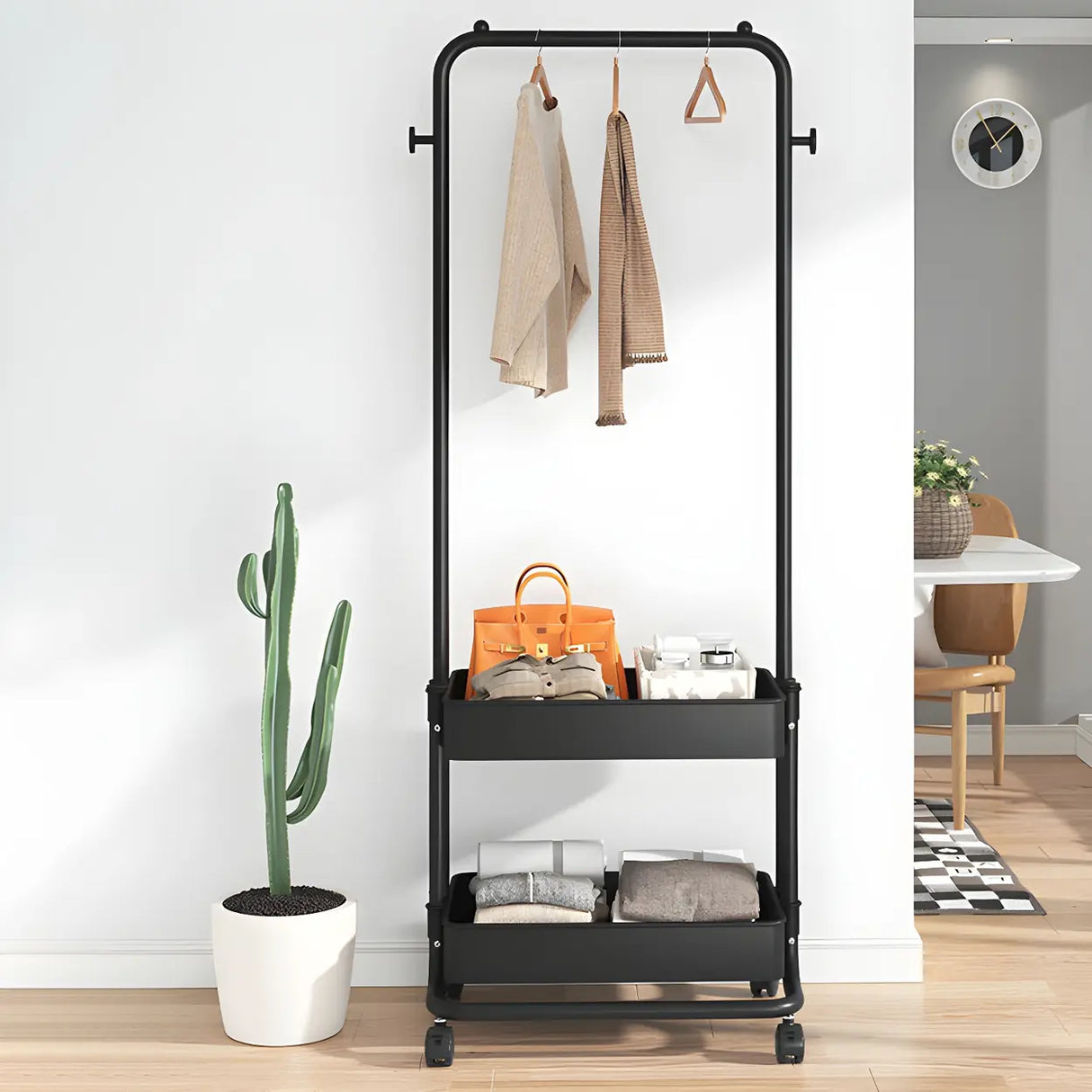 Industrial Narrow Metal Rolling Coat Rack with Shelves Image - 14