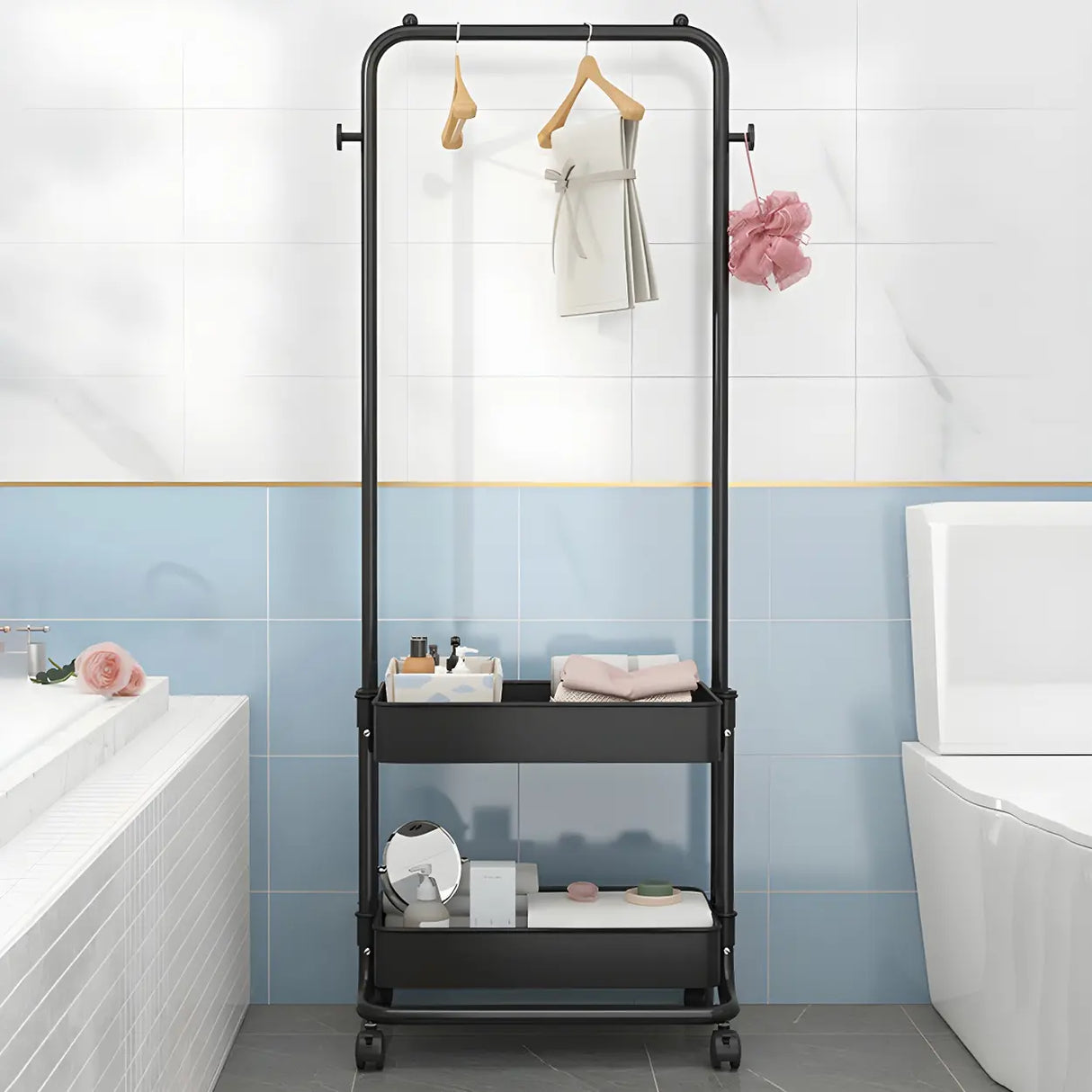 Industrial Narrow Metal Rolling Coat Rack with Shelves Image - 15