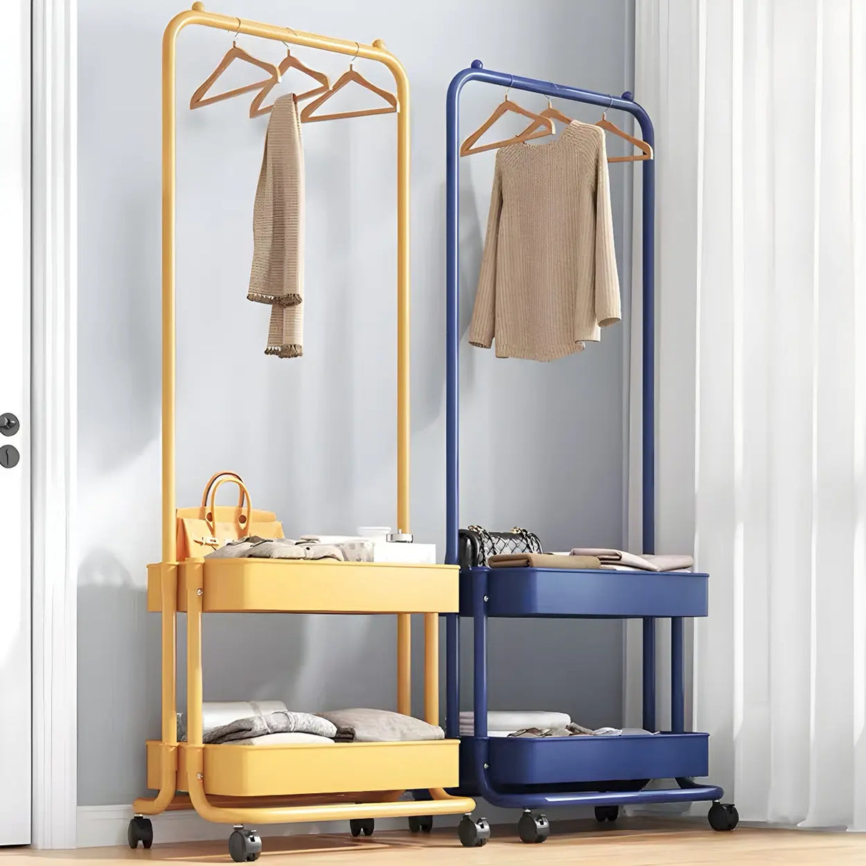 Industrial Narrow Metal Rolling Coat Rack with Shelves Image - 1