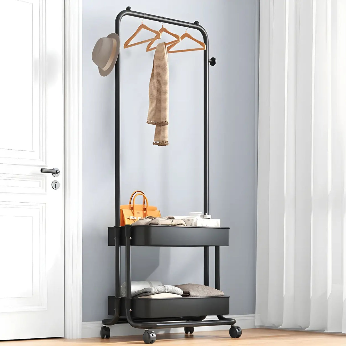 Industrial Narrow Metal Rolling Coat Rack with Shelves Image - 2