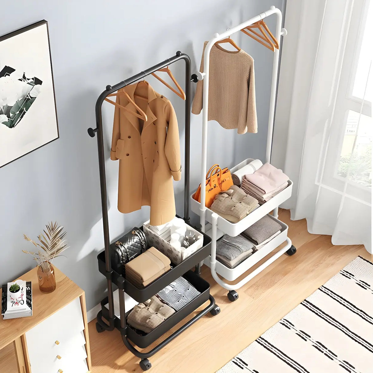 Industrial Narrow Metal Rolling Coat Rack with Shelves Image - 3