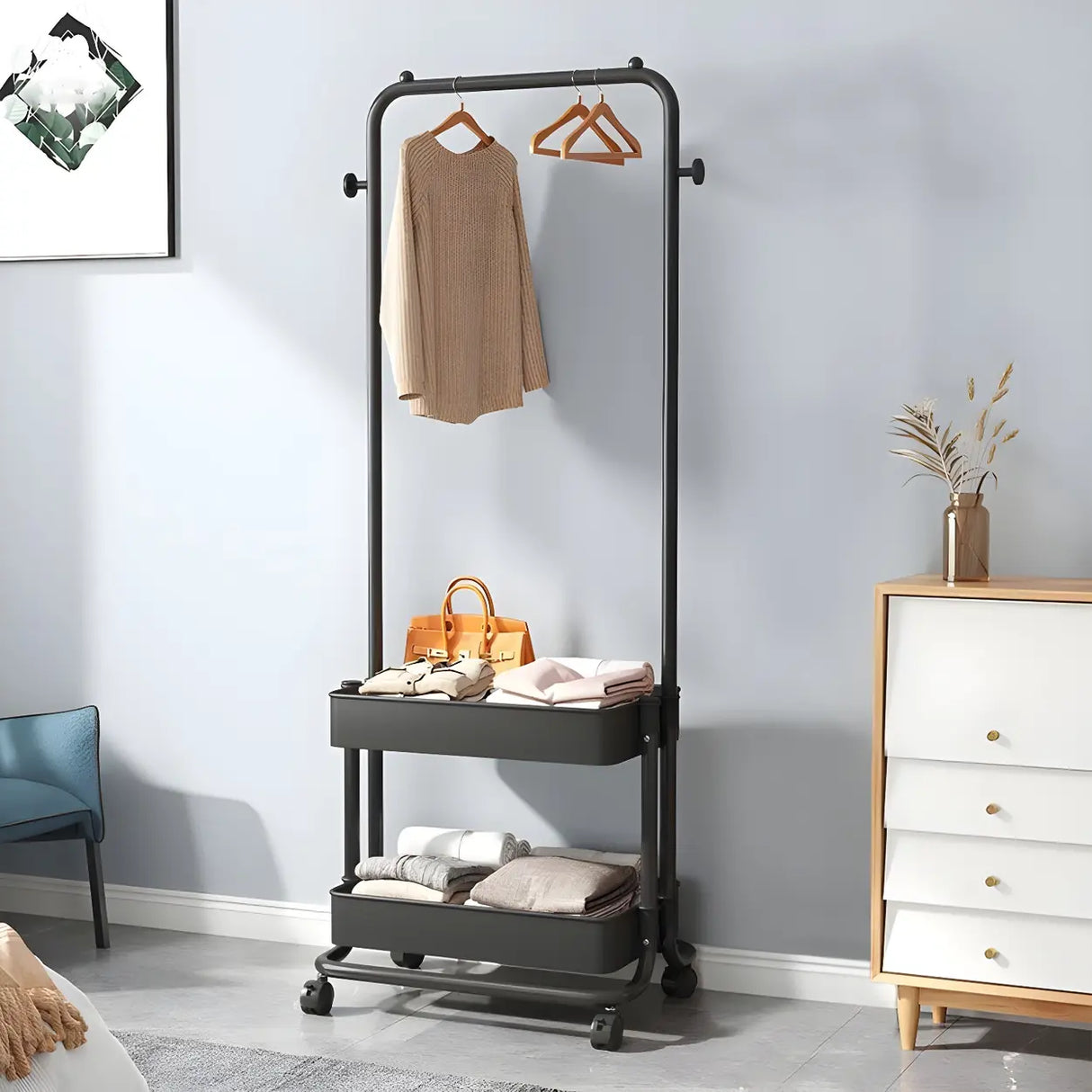 Industrial Narrow Metal Rolling Coat Rack with Shelves Image - 4