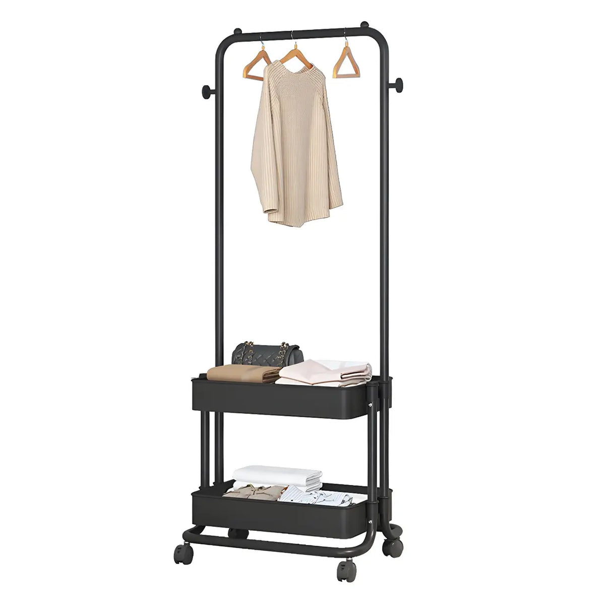 Industrial Narrow Metal Rolling Coat Rack with Shelves Image - 5