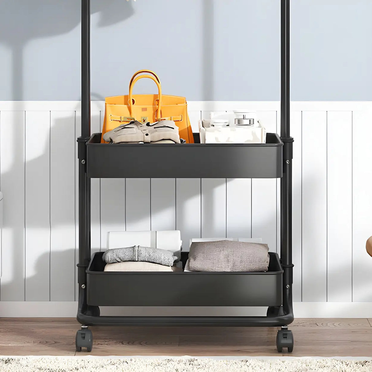 Industrial Narrow Metal Rolling Coat Rack with Shelves Image - 7