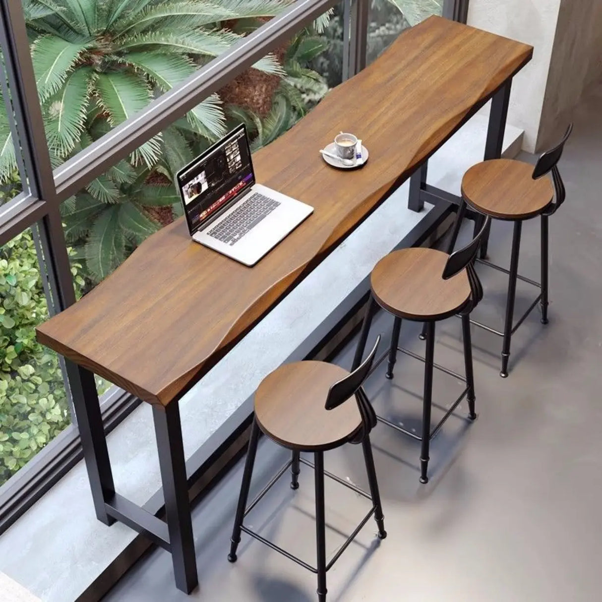 Industrial Natural Edge Brown Wood Bar Table with Footrest Image - 3