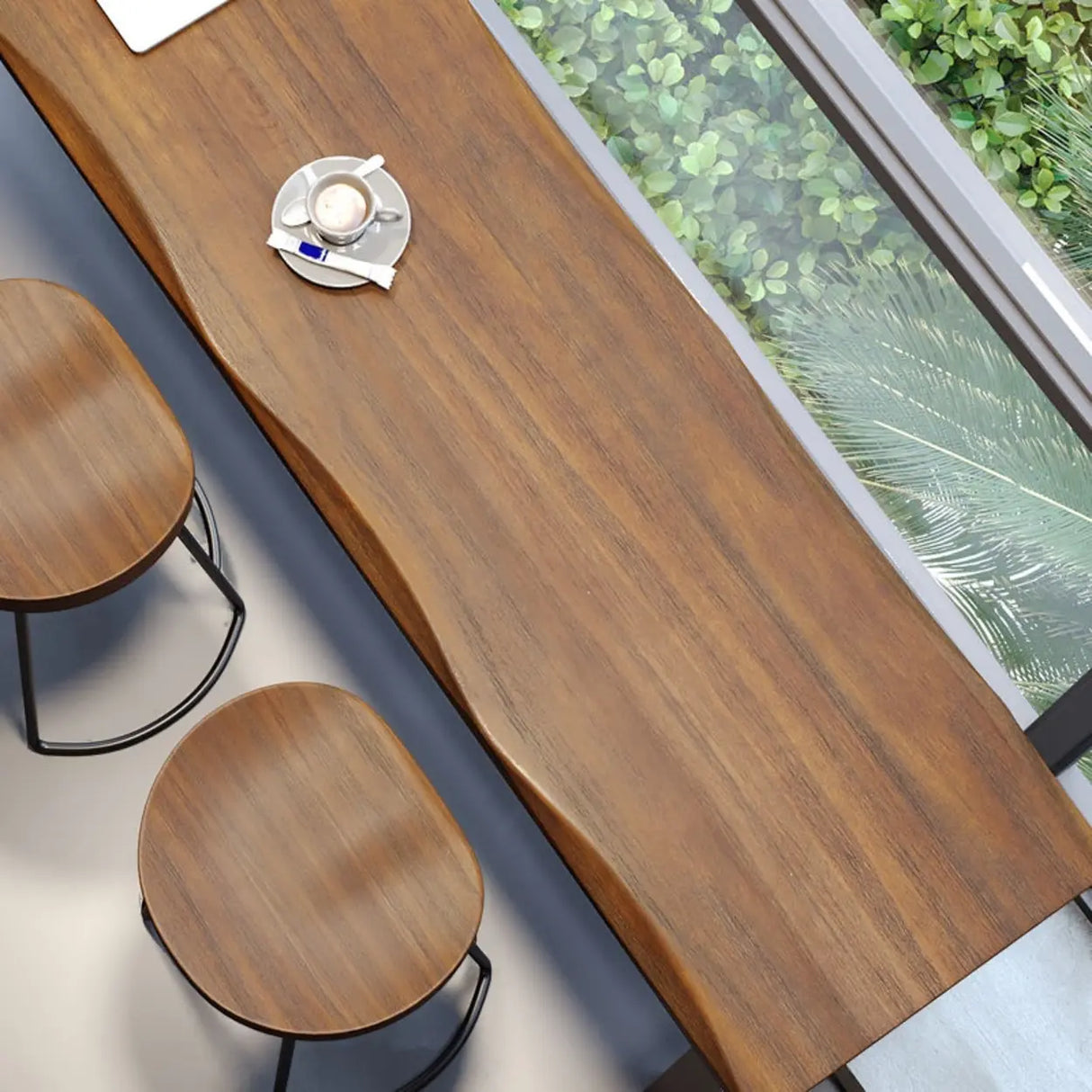 Industrial Natural Edge Brown Wood Bar Table with Footrest Image - 4