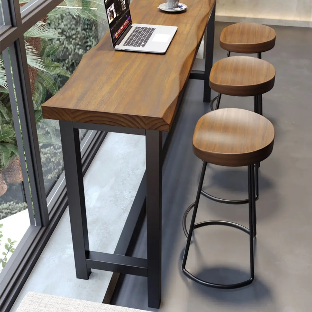 Industrial Natural Edge Brown Wood Bar Table with Footrest Image - 5