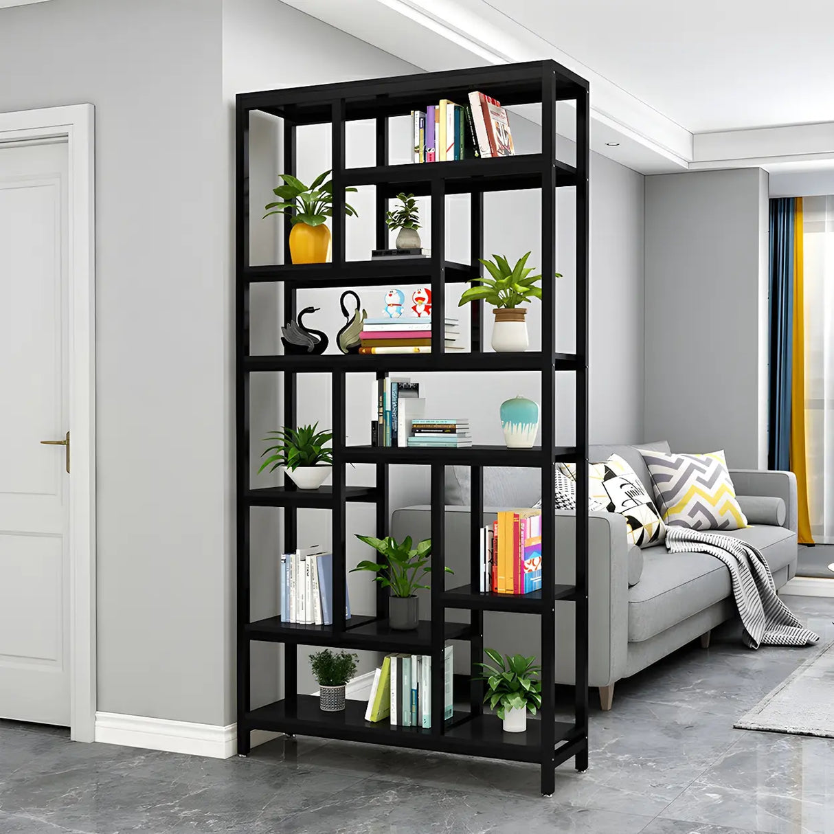 Industrial Open-Back Steel Wood Etagere Display Bookcase Image - 10