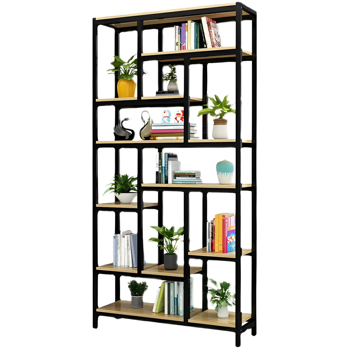 Industrial Open-Back Steel Wood Etagere Display Bookcase Image - 12