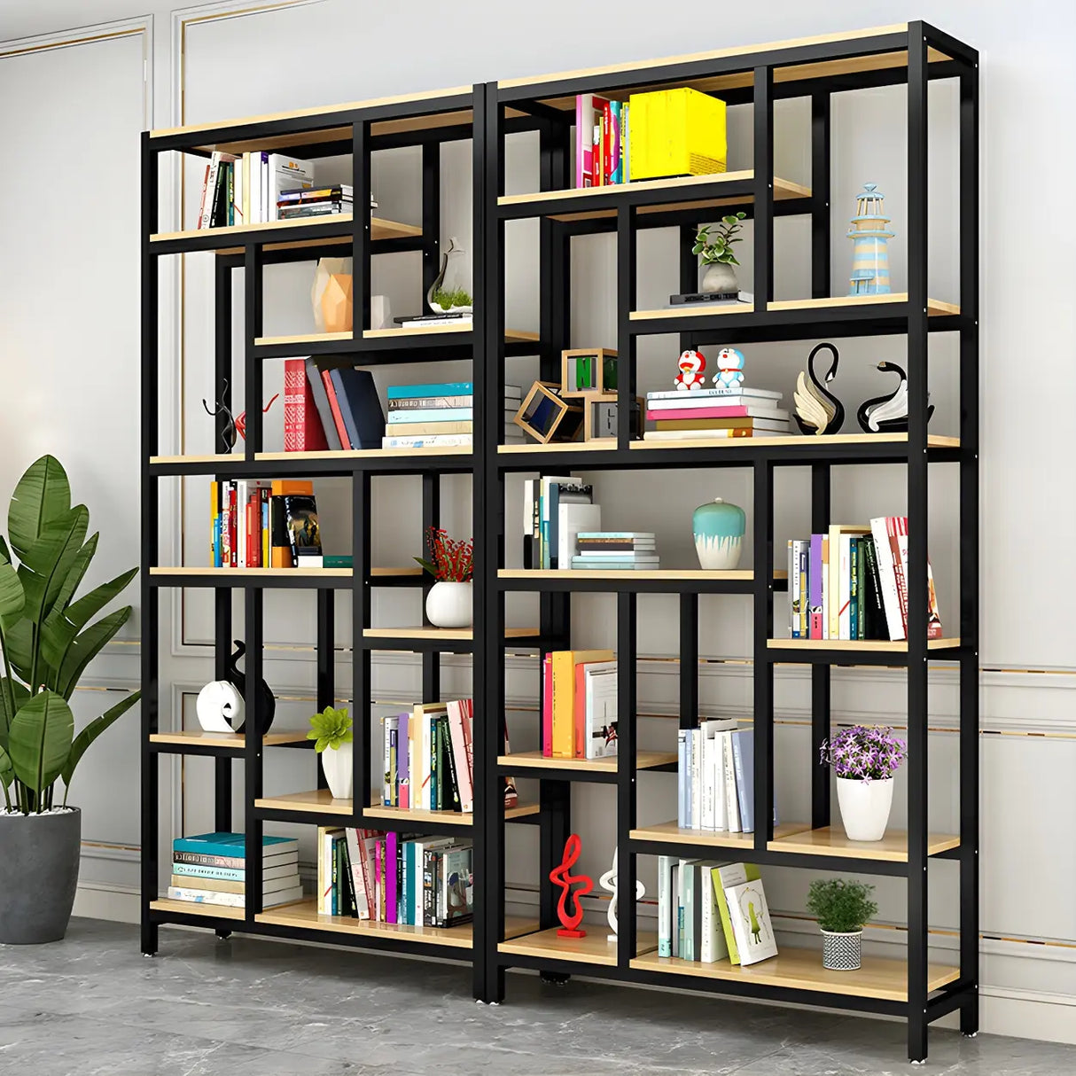 Industrial Open-Back Steel Wood Etagere Display Bookcase Image - 1