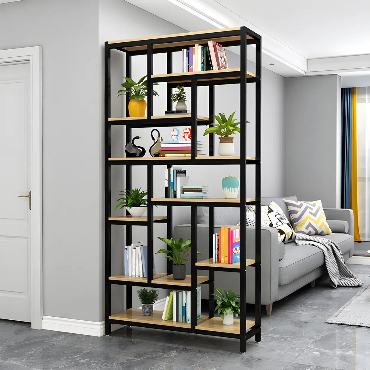 Industrial Open-Back Steel Wood Etagere Display Bookcase Image - 9