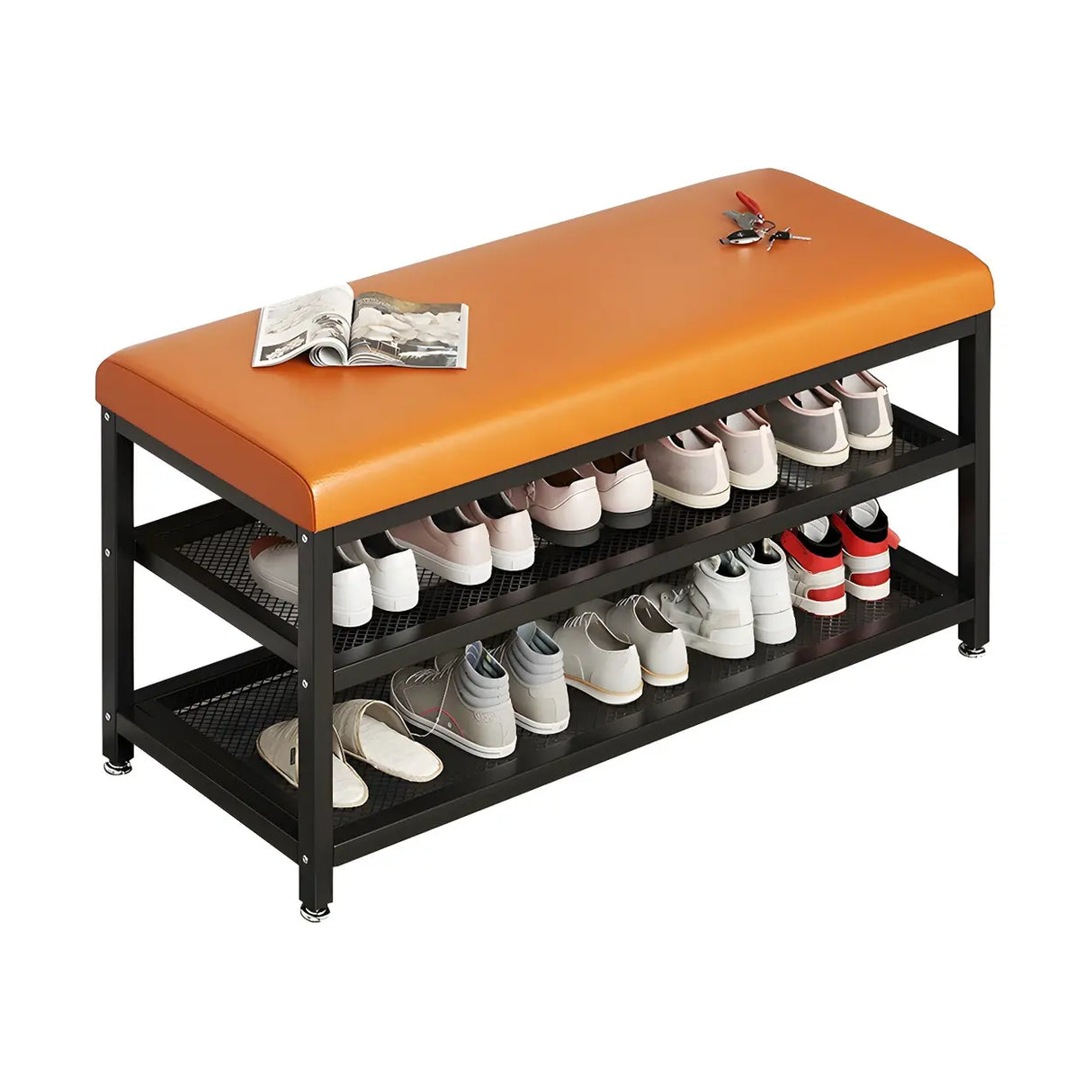 Industrial Orange Upholstered Storage Entryway Bench Image - 3