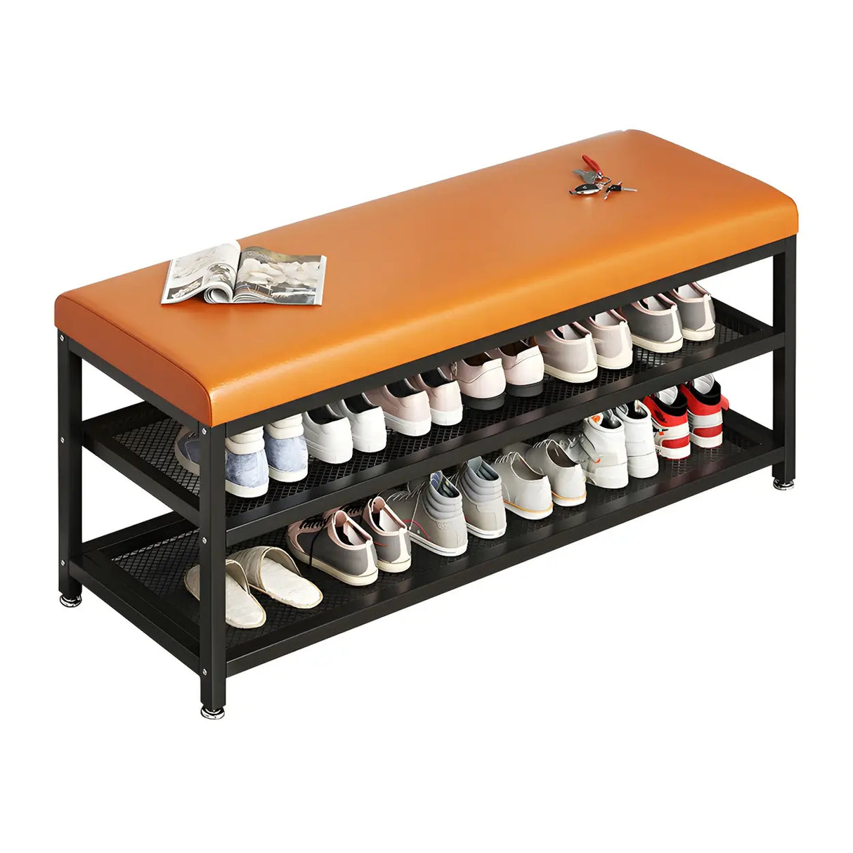 Industrial Orange Upholstered Storage Entryway Bench Image - 4