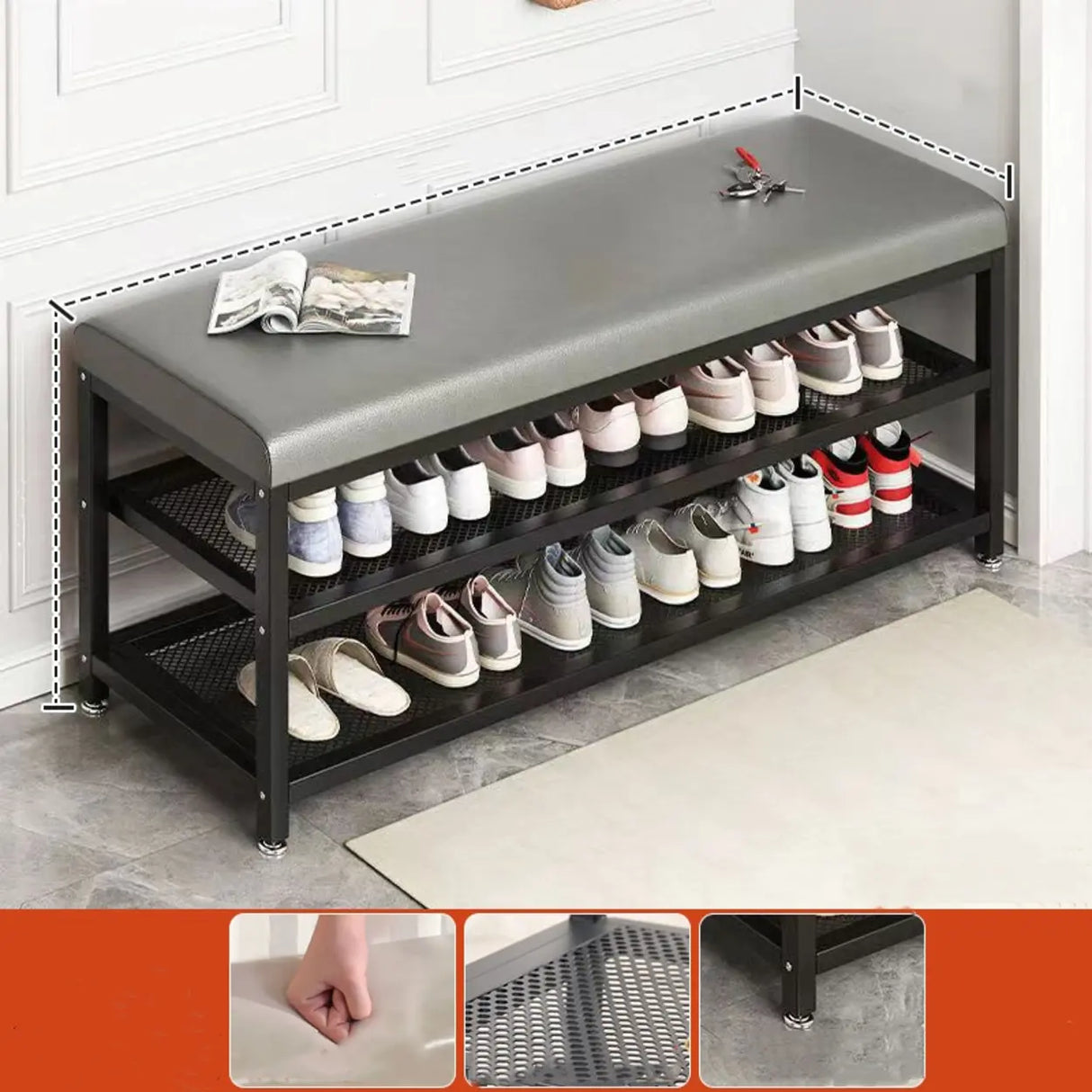 Industrial Orange Upholstered Storage Entryway Bench Image - 5