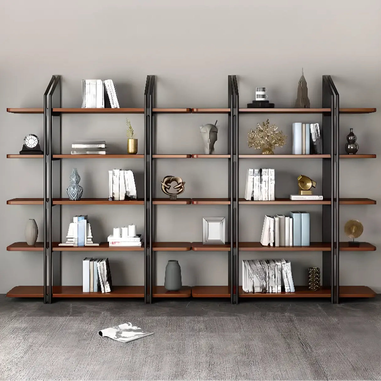 Industrial Pine Black Frame Etagere Large Bookshelf Image - 4