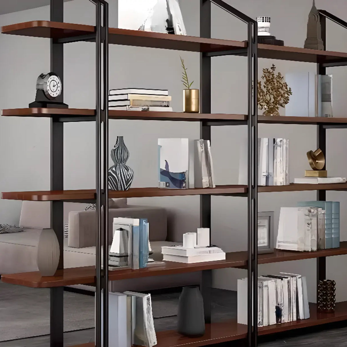 Industrial Pine Black Frame Etagere Large Bookshelf Image - 7