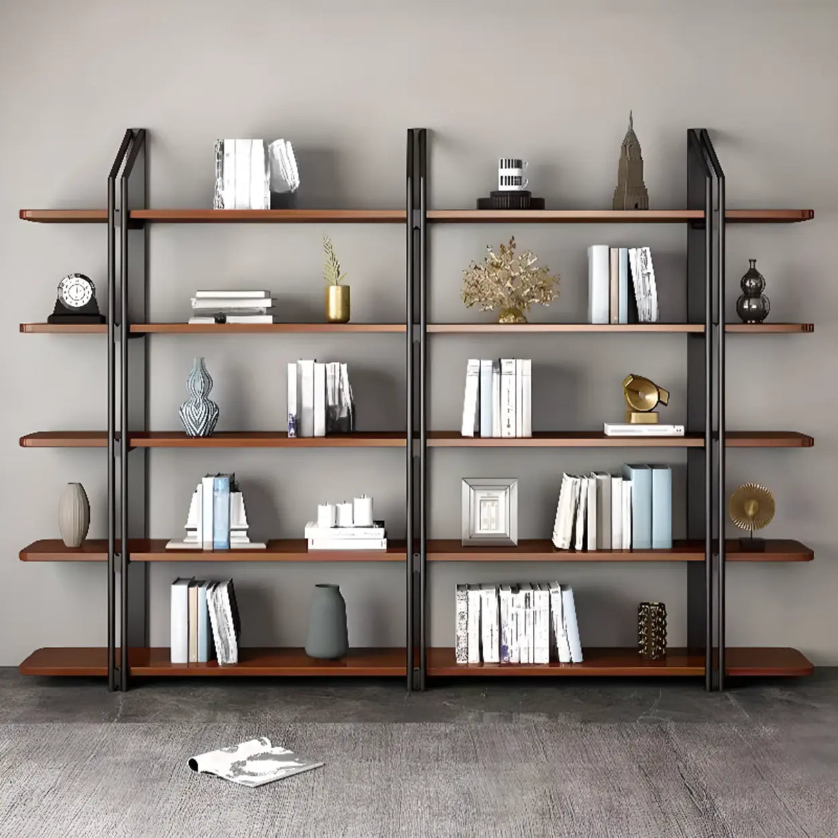 Industrial Pine Black Frame Etagere Large Bookshelf Image - 9