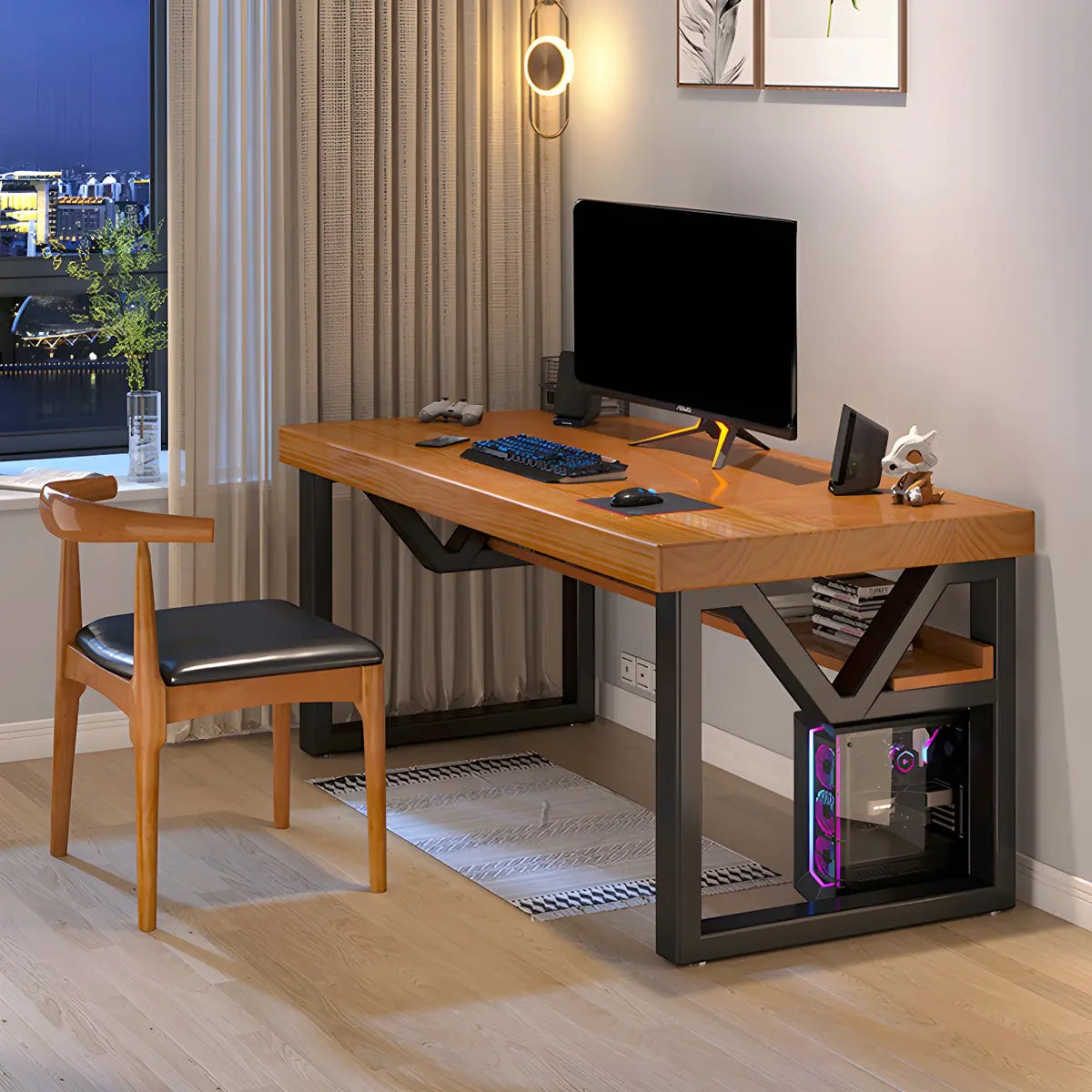 Industrial Pine Wood Shelf Rectangle Sled Gaming Desk Image - 3