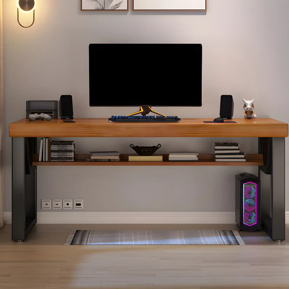 Industrial Pine Wood Shelf Rectangle Sled Gaming Desk Image - 4
