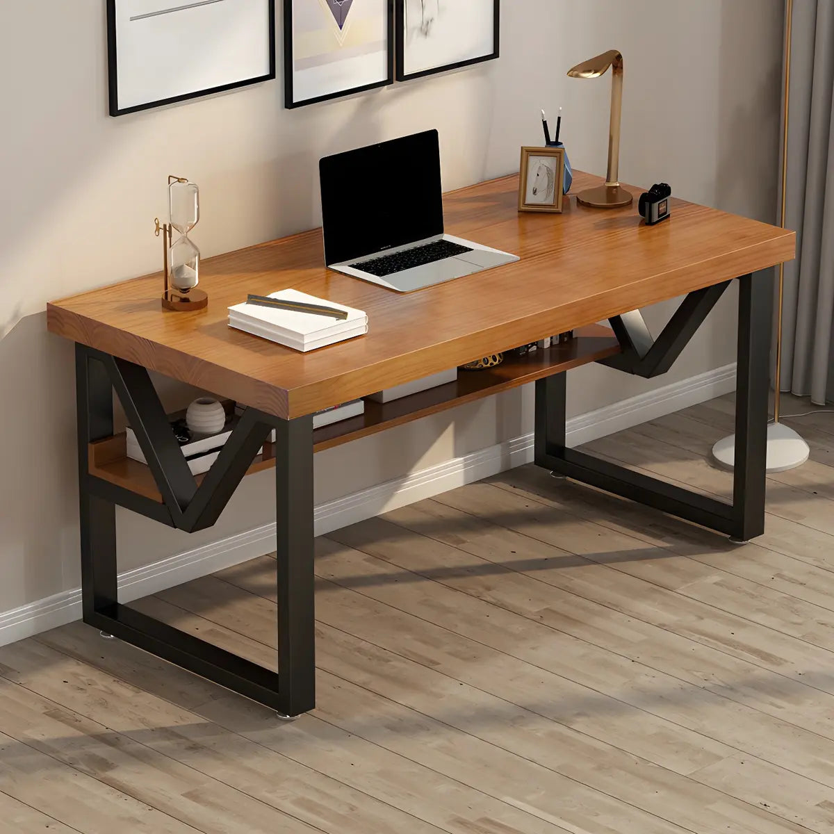 Industrial Pine Wood Shelf Rectangle Sled Gaming Desk Image - 5