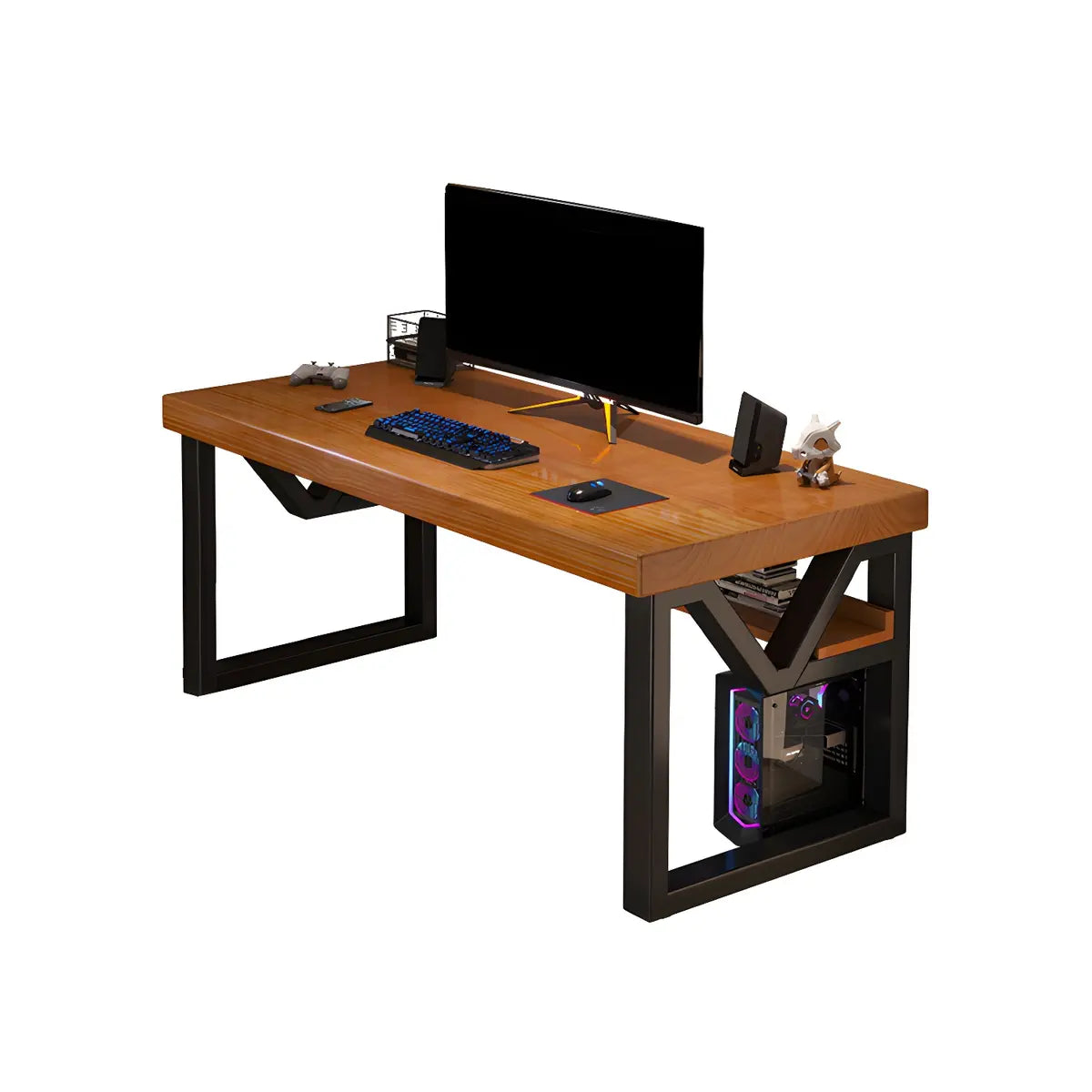Industrial Pine Wood Shelf Rectangle Sled Gaming Desk Image - 6
