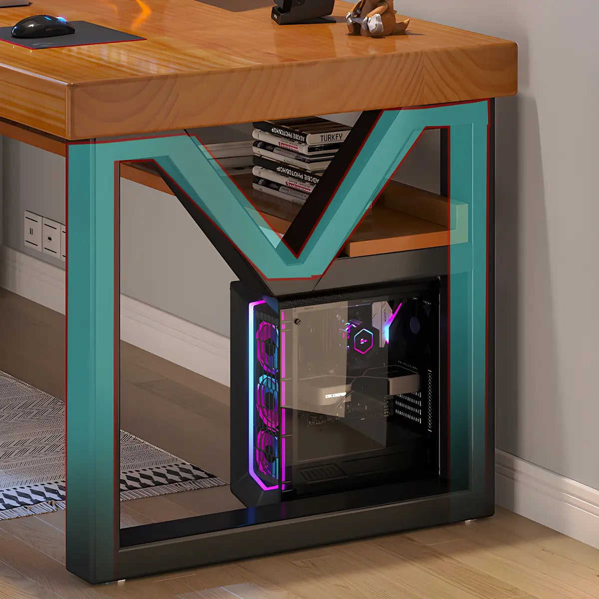 Industrial Pine Wood Shelf Rectangle Sled Gaming Desk Image - 7