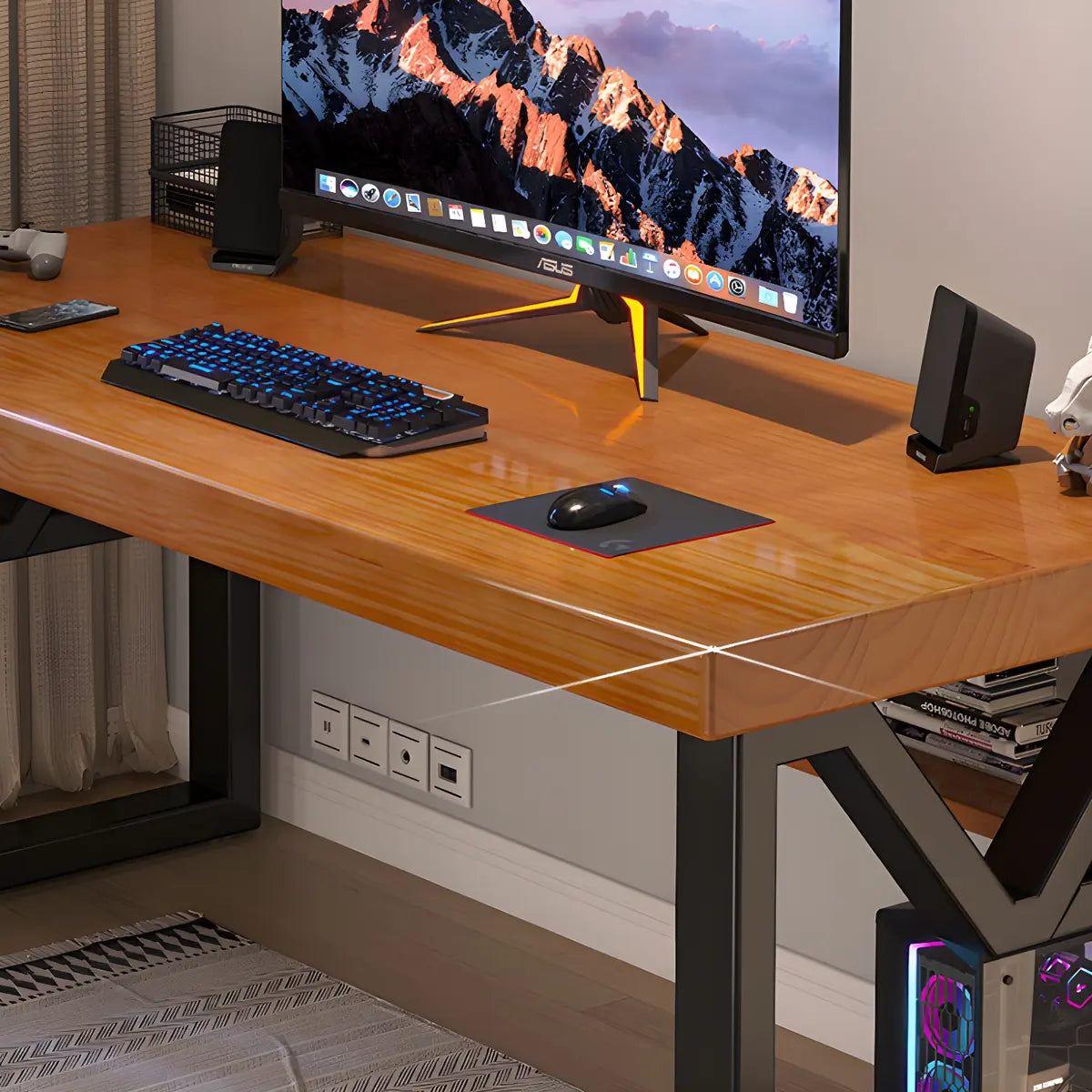 Industrial Pine Wood Shelf Rectangle Sled Gaming Desk Image - 8