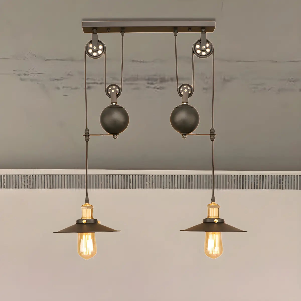 Industrial Pulley Dual Edison Bulbs Pendant Light Image - 2