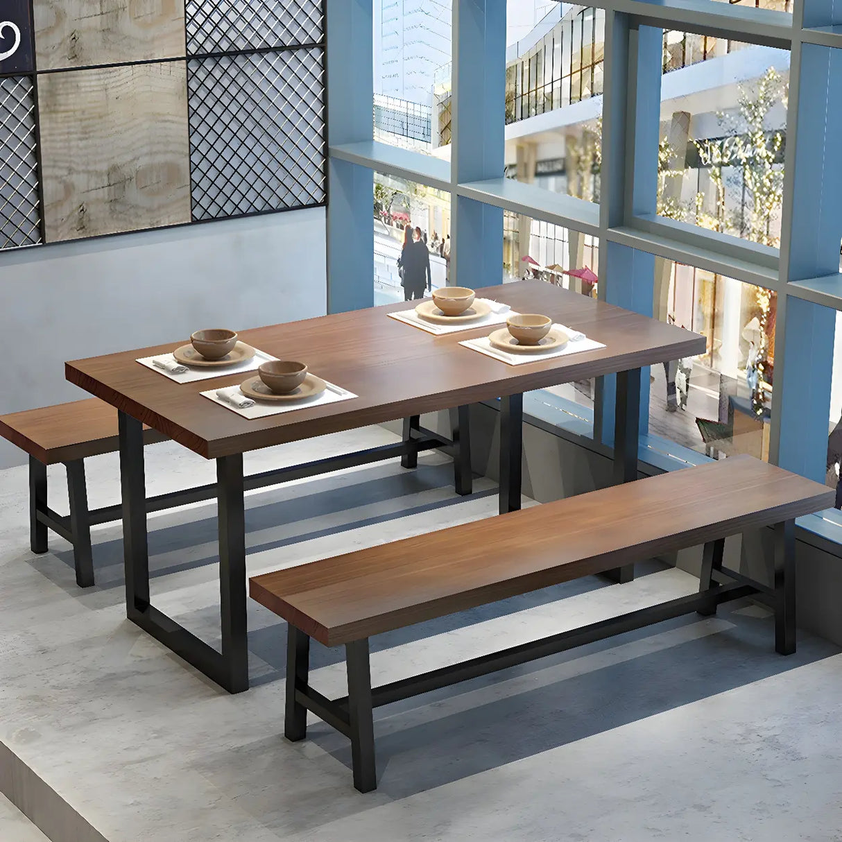 Industrial Rectangle Wood Brown Sled Base Dining Table Image - 1