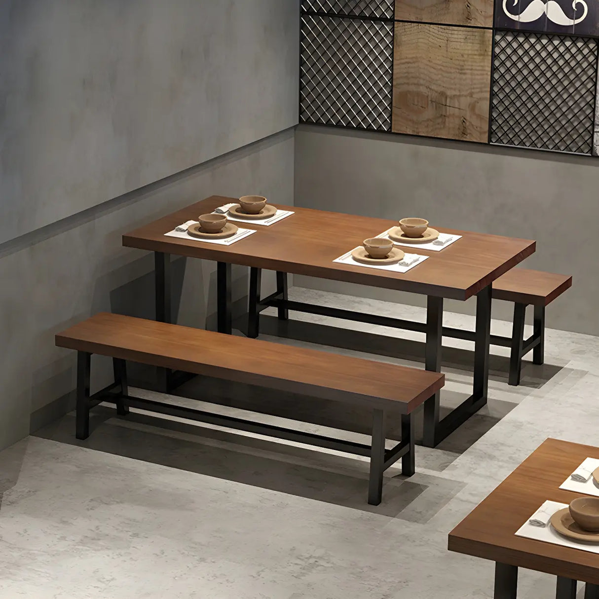 Industrial Rectangle Wood Brown Sled Base Dining Table Image - 2